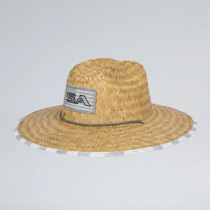 Straw hat with a metallic band and 'USA' logo on a light gray background