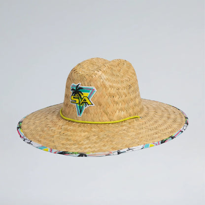 Straw hat with colorful band and logo on a light gray background