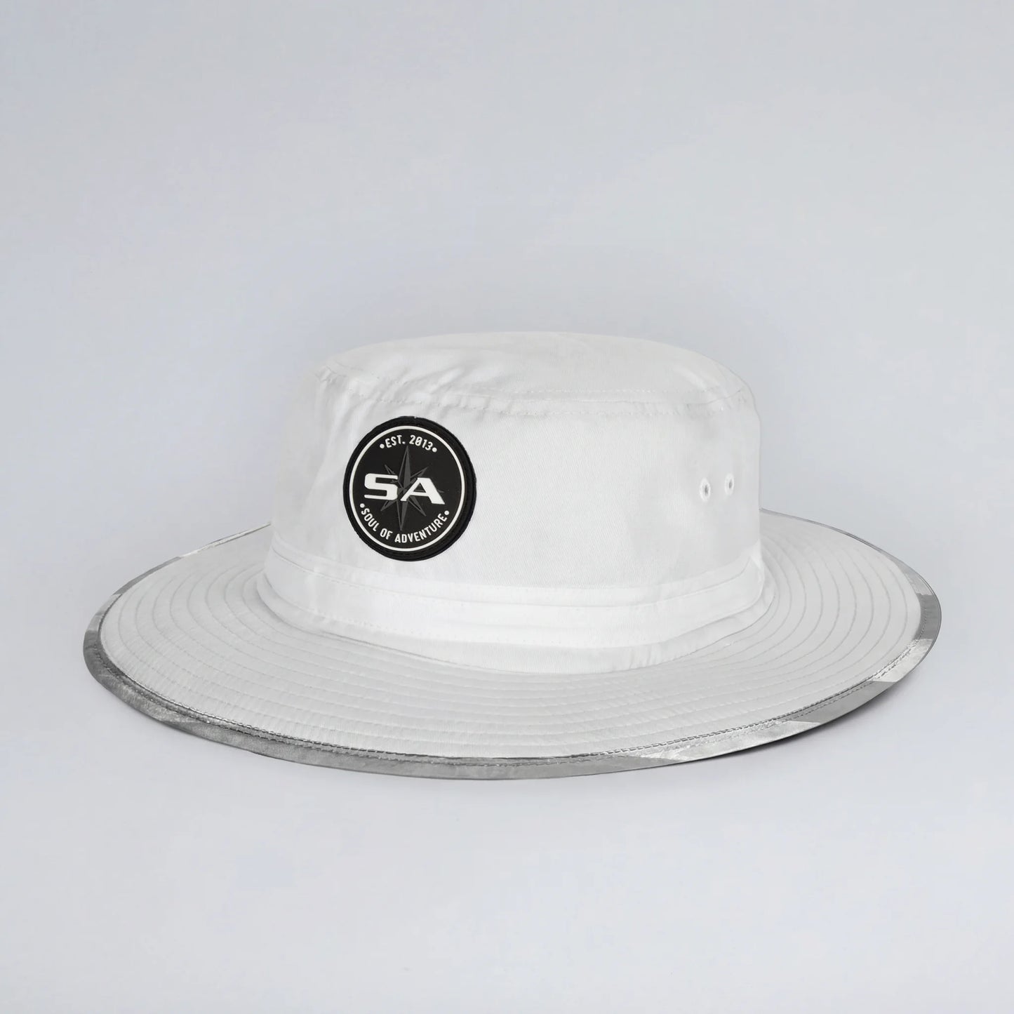 White bucket hat with a black logo on a light gray background