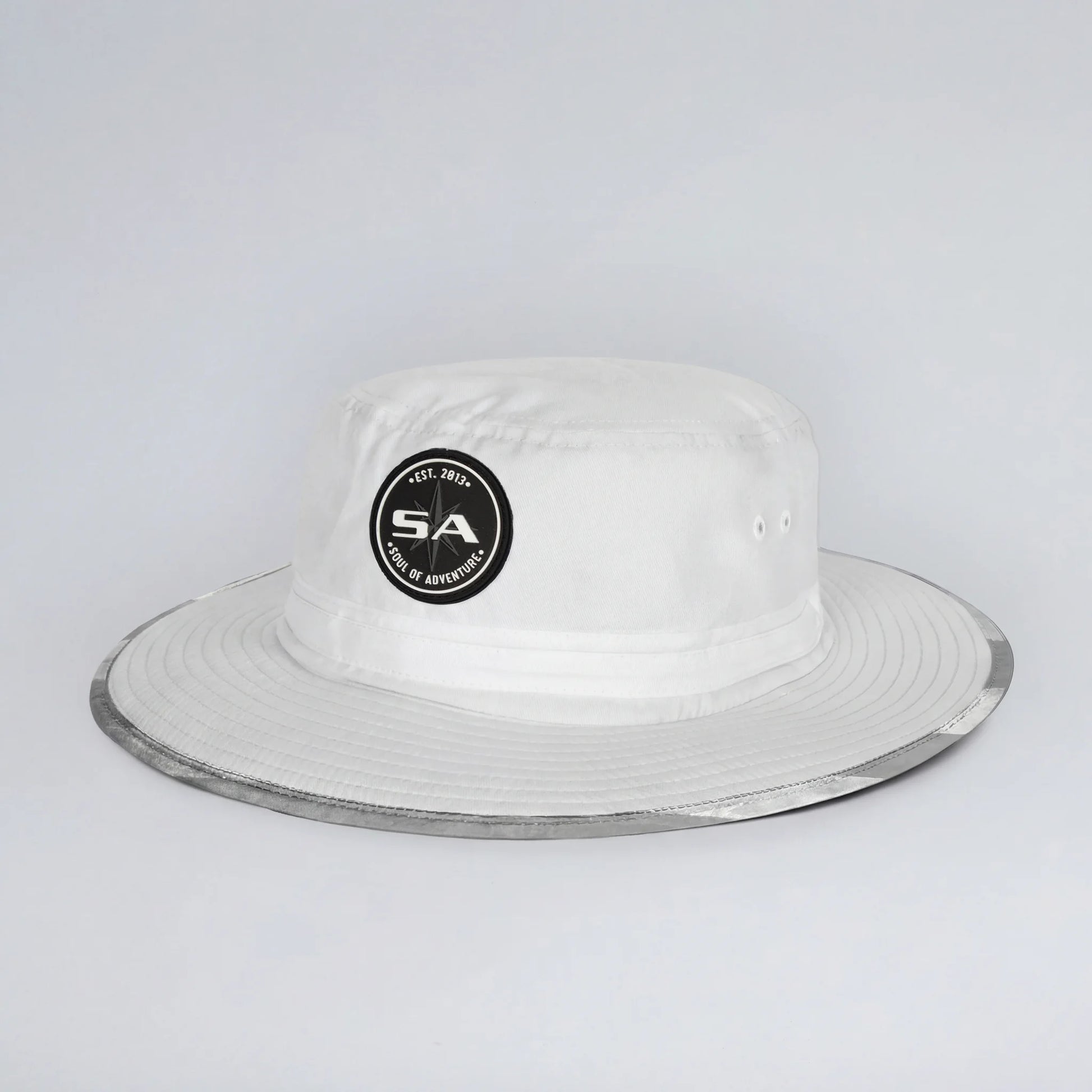 White bucket hat with a black logo on a light gray background