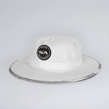 White bucket hat with a black logo on a light gray background