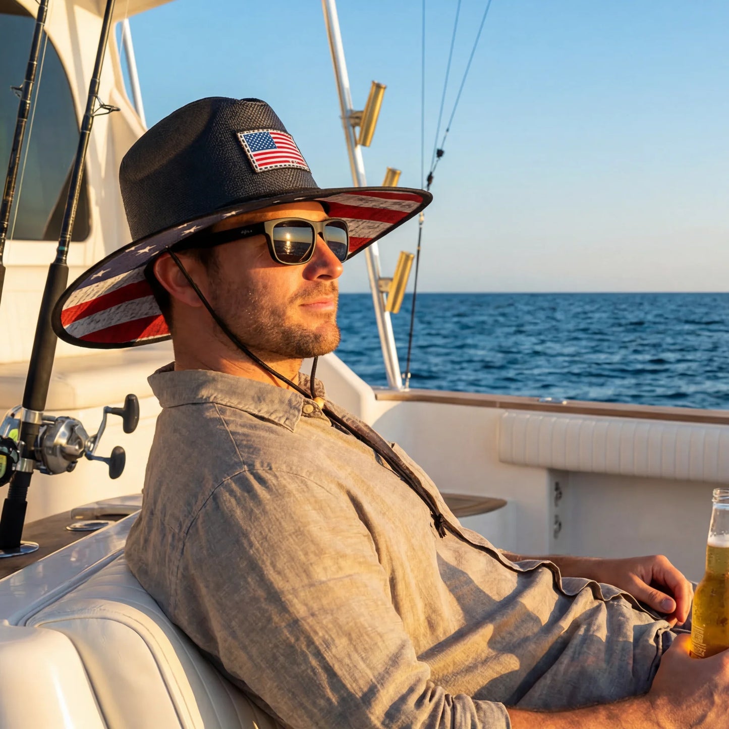 Man on a boat wearing a wide-brimmed hat with an American flag, sunglasses, and holding a beer.