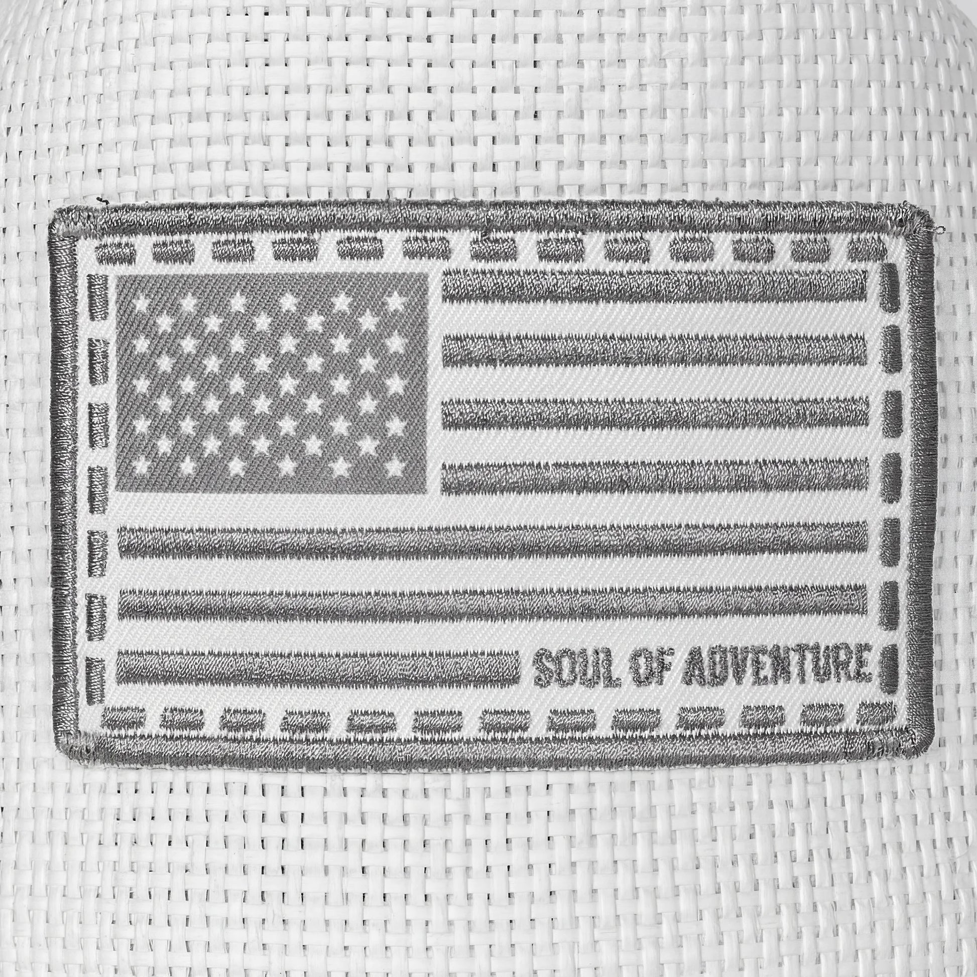 American flag patch with 'Soul of Adventure' text on a textured background