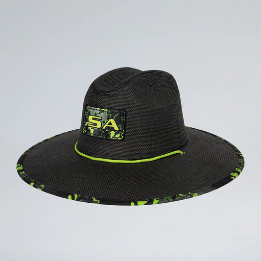 Black wide-brimmed hat with green accents and a logo on a light gray background