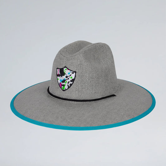 Gray wide-brimmed hat with a colorful patch on a light gray background