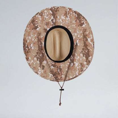 Camouflage-patterned cowboy hat on a light gray background