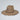 Brown cowboy hat with camouflage brim and logo on a light gray background