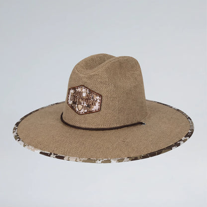 Brown cowboy hat with camouflage brim and logo on a light gray background