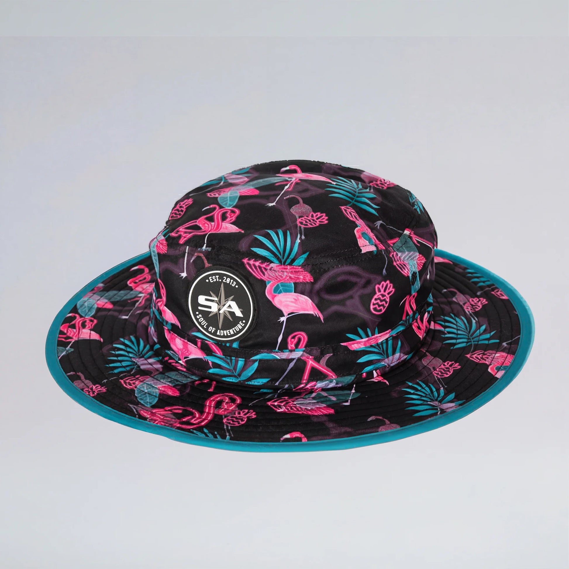 Floral patterned bucket hat with brand logo on a light gray background