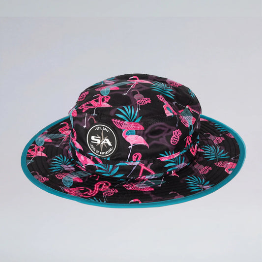 Floral patterned bucket hat with brand logo on a light gray background