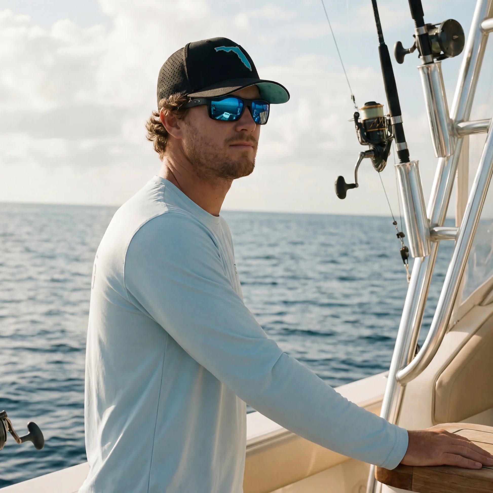 Man on a boat with fishing equipment, wearing sunglasses and a cap, with ocean and sky in the background.