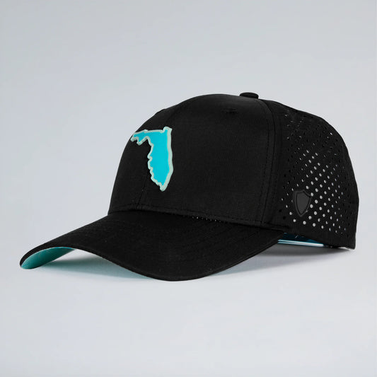 Black cap with teal outline of Florida on a light gray background