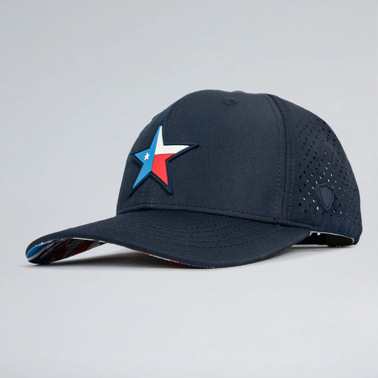 Navy blue cap with a star emblem on a light gray background