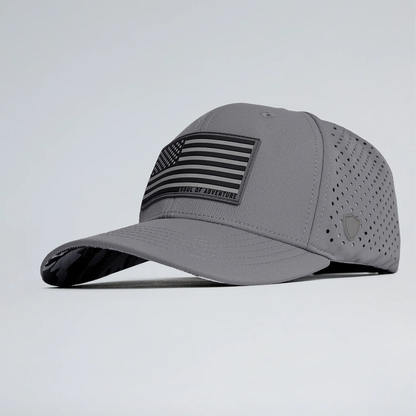 Gray cap with black flag design on a light gray background