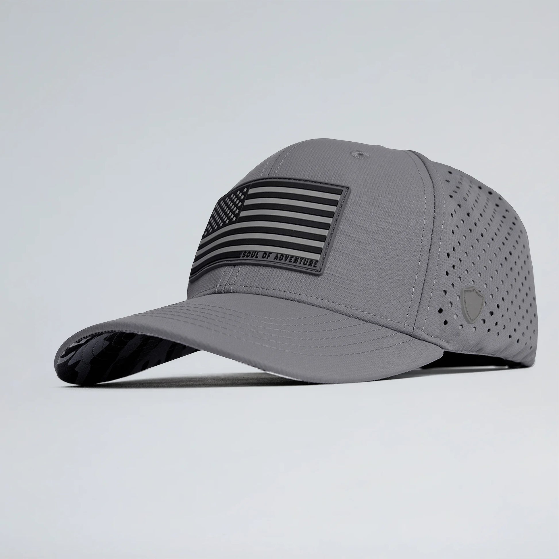 Gray cap with black flag design on a light gray background