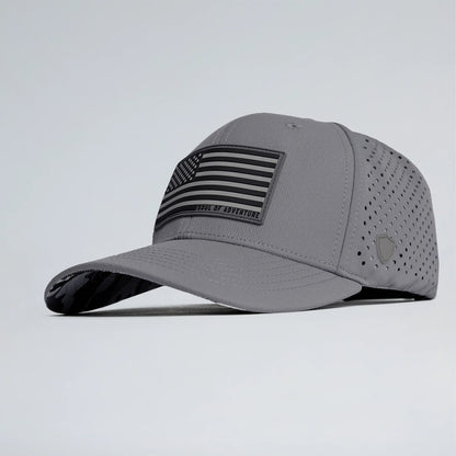 Gray cap with black flag design on a light gray background
