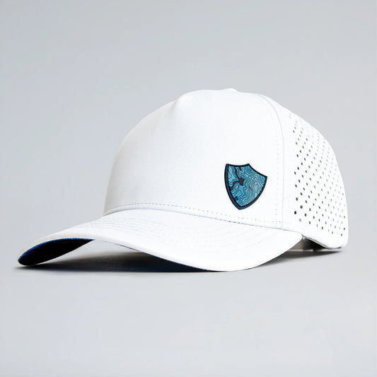 White baseball cap with a blue logo on a gray background