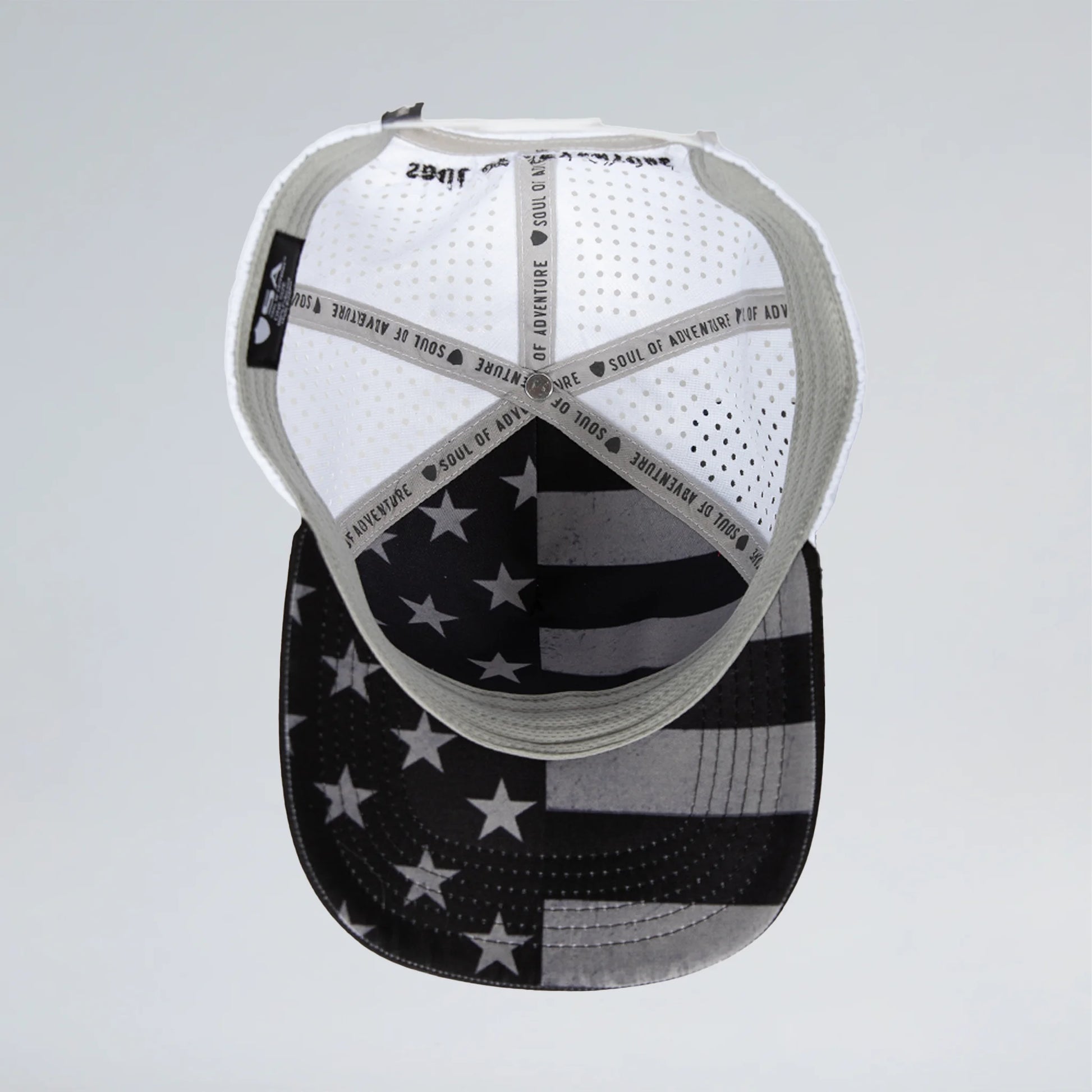 Baseball cap with American flag design on a light gray background