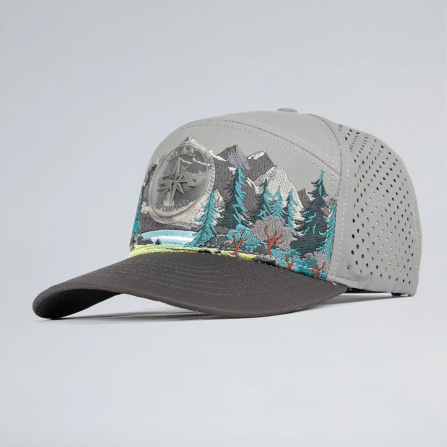 Gray cap with nature-themed design on a light gray background