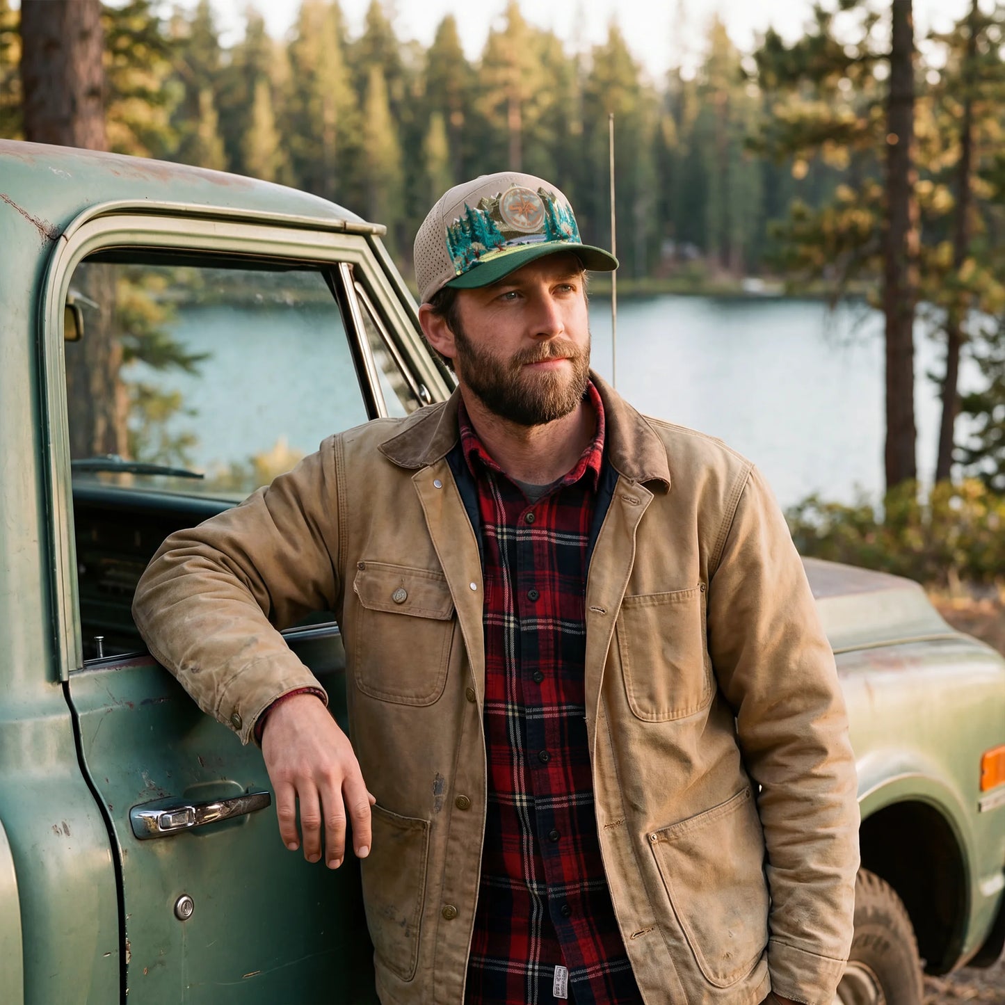Man leaning against a vintage truck by a lake with trees in the background