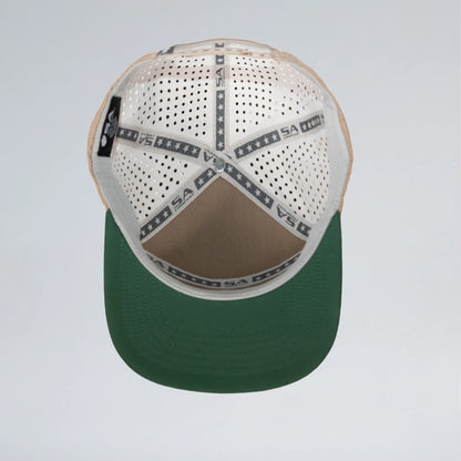 Green baseball cap with a white perforated back on a light gray background