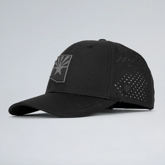 Black cap with a star emblem on a light gray background