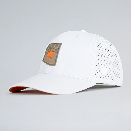 White baseball cap with a star emblem on a gray background