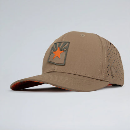 Brown baseball cap with a star emblem on a light gray background