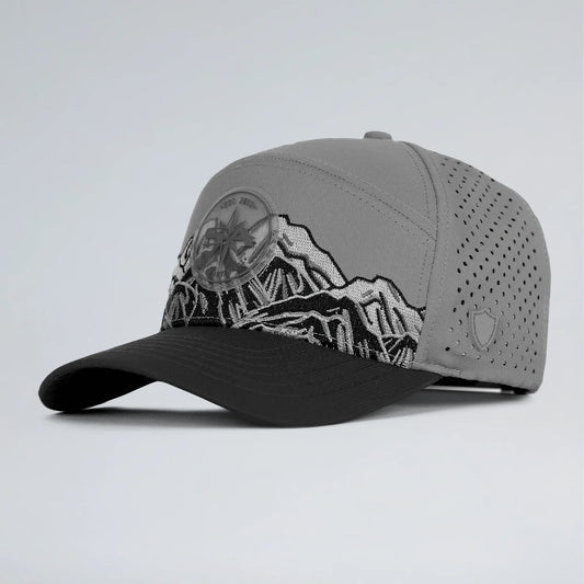 Gray cap with mountain design on a light gray background