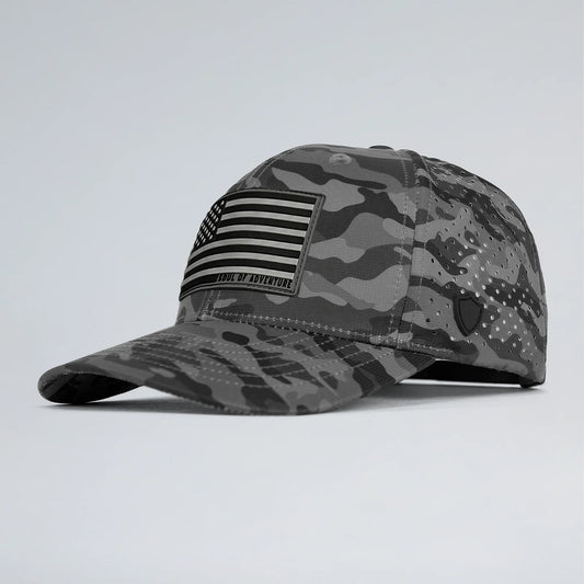 Gray camouflage cap with American flag patch on a light gray background