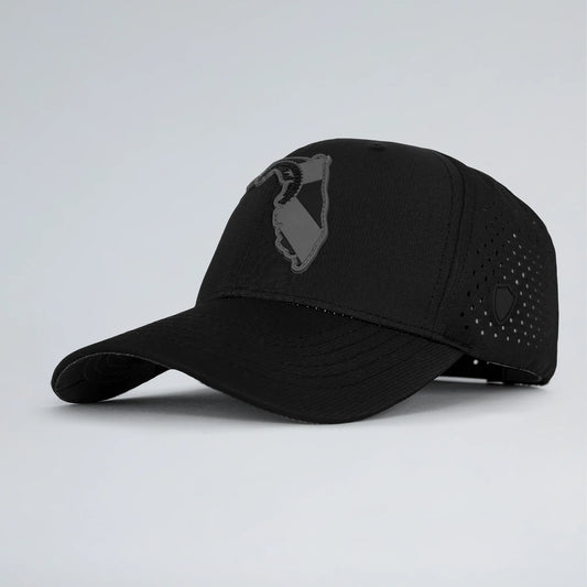 Black cap with a logo on a light gray background