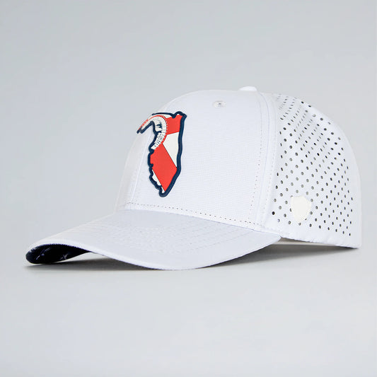 White baseball cap with a red and blue logo on a light gray background