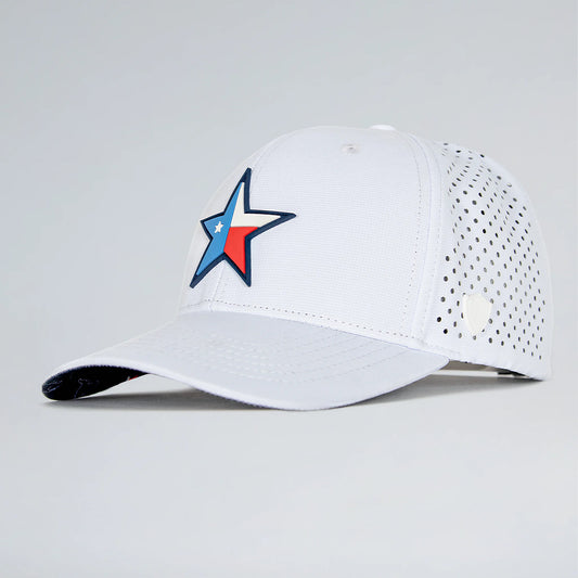 White baseball cap with a star logo on a light gray background