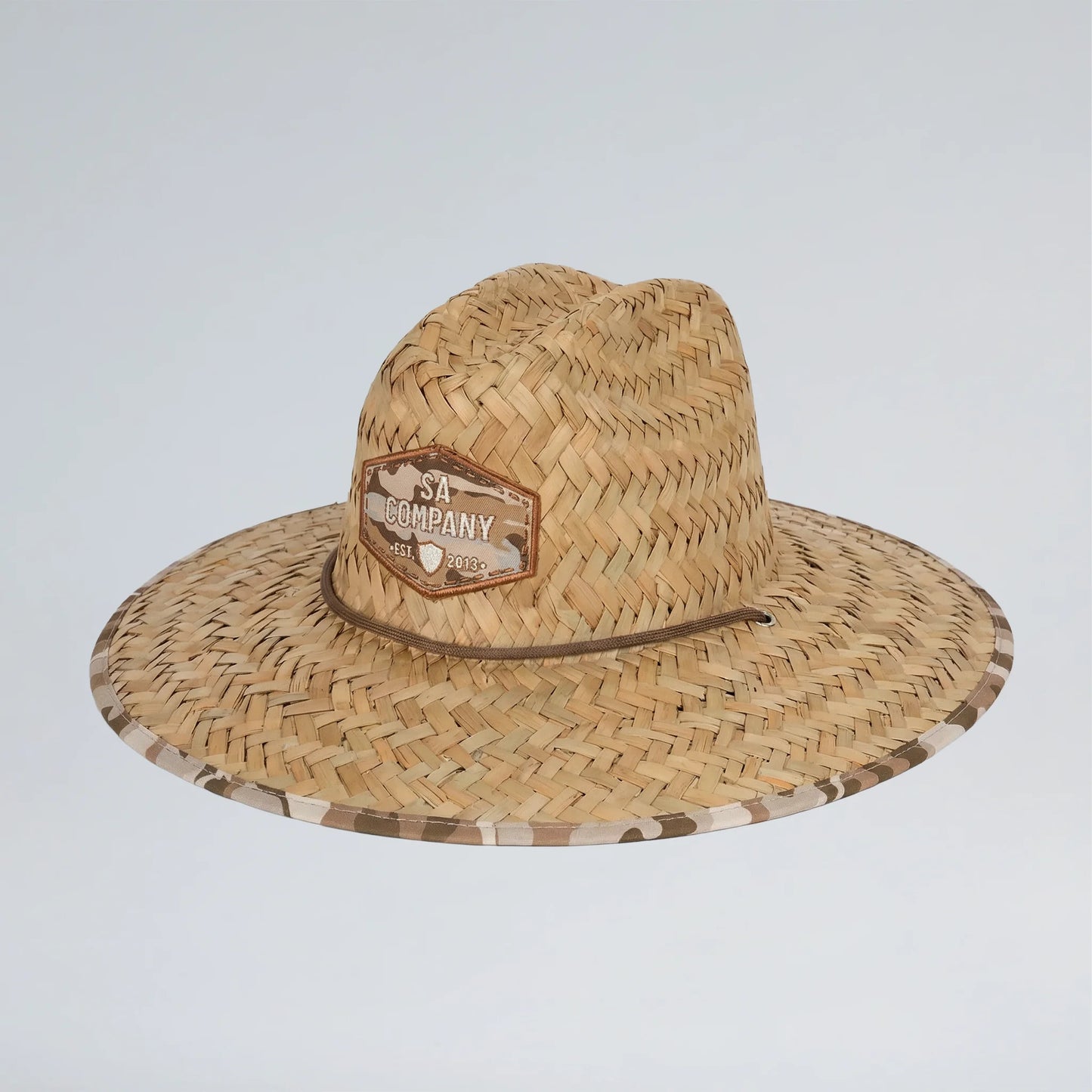 Straw hat with a brand logo on a light gray background