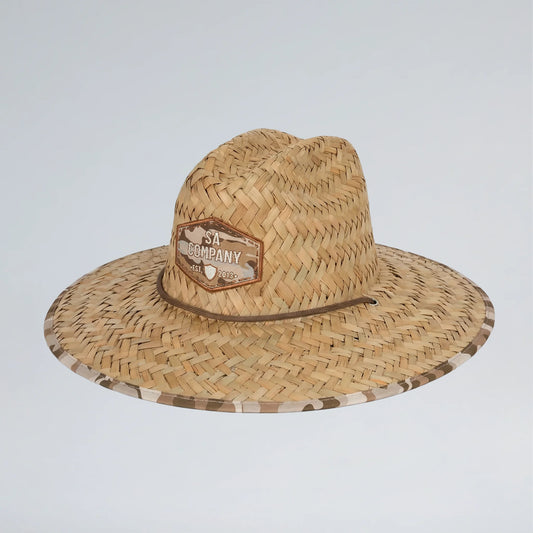 Straw hat with a brand logo on a light gray background