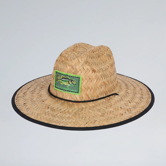 Straw hat with a green patch featuring a fish design on a light gray background