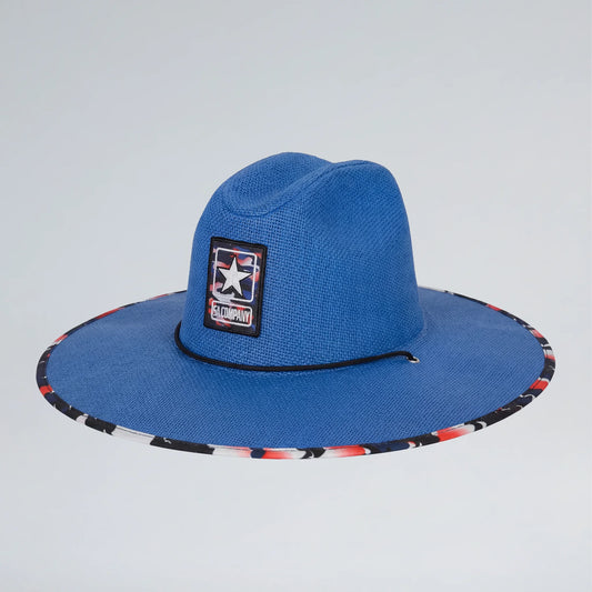 Blue straw hat with a colorful rim and logo on a light gray background