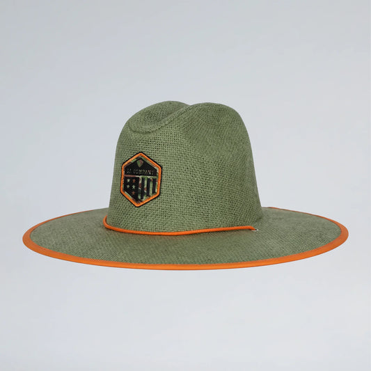 Green straw hat with orange trim on a light gray background