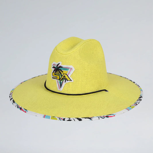 Yellow straw hat with colorful band and logo on a light gray background