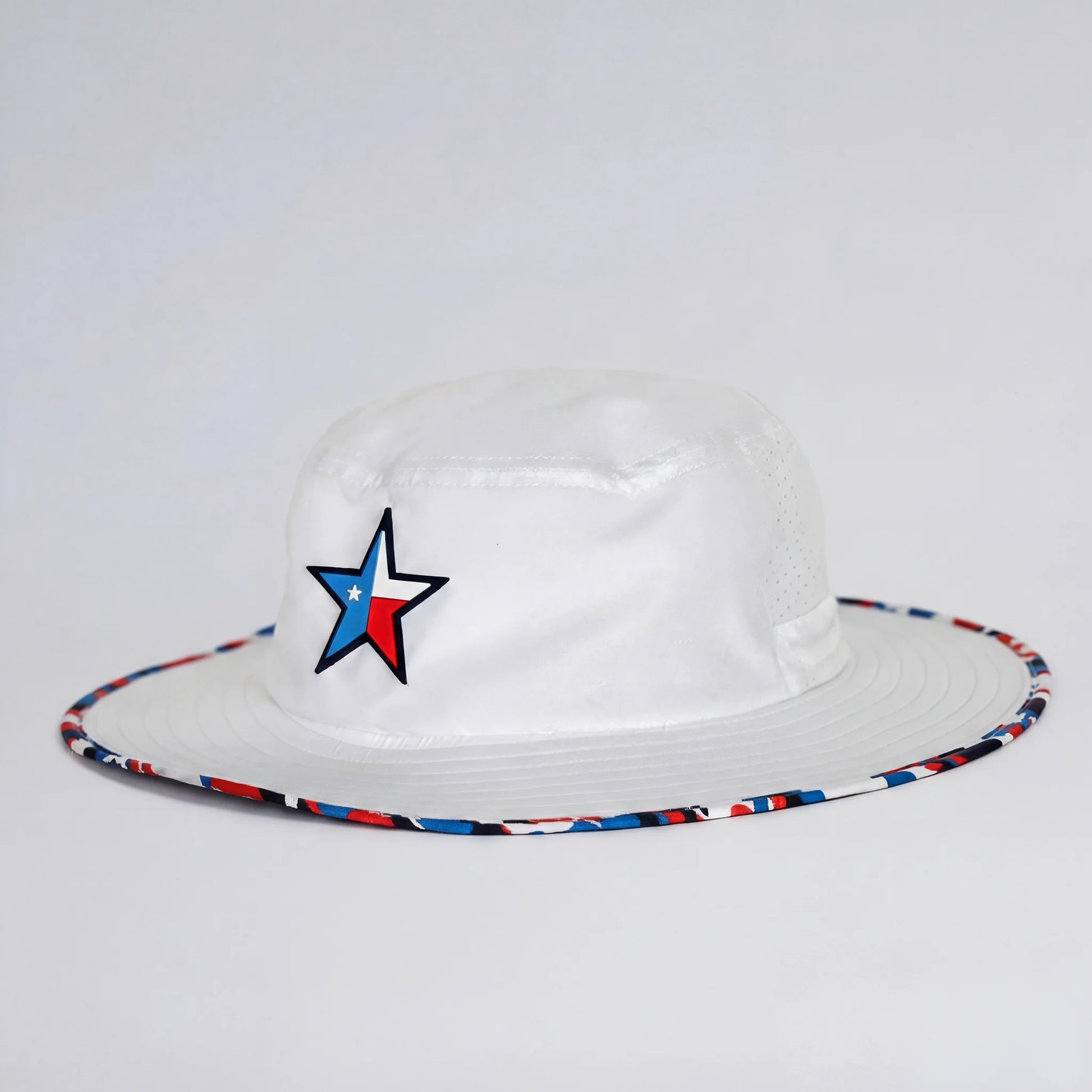White hat with a colorful star design on a white background