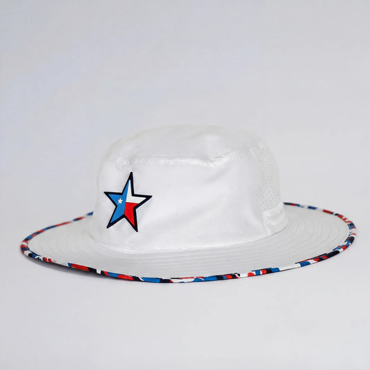 White hat with a colorful star design on a white background