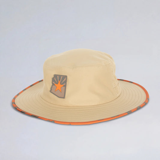 yellow bucket hat with orange trim wth orange and grey patch on the front