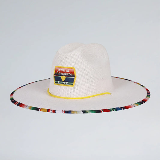 white straw hat with a colorful rim and yellow adjustable strap