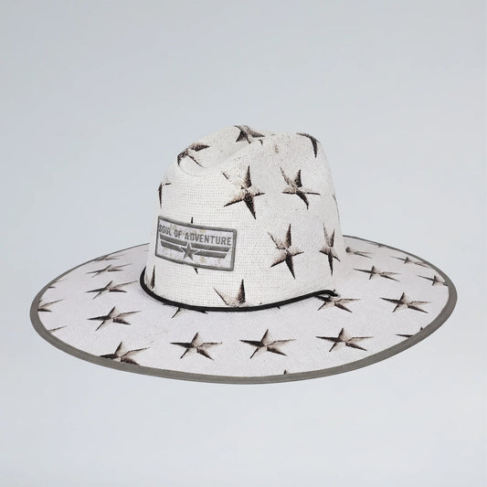 White sun hat with star patterns and 'School of Adventure' label on a light gray background
