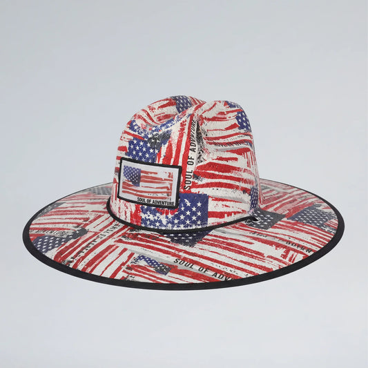 Sun hat with American flag pattern on a light gray background