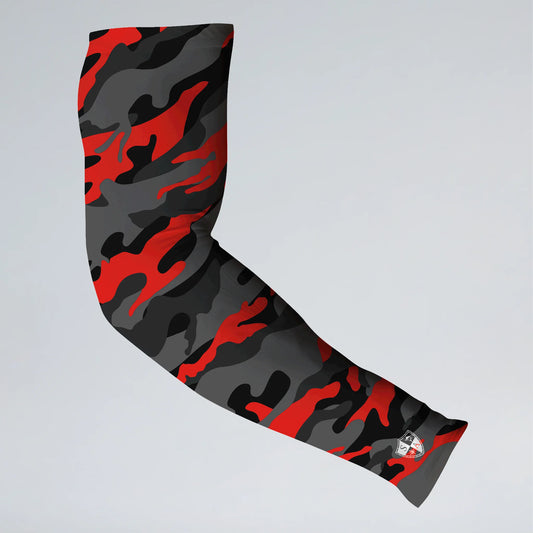 Camouflage-patterned arm sleeve with red and black design on a light gray background
