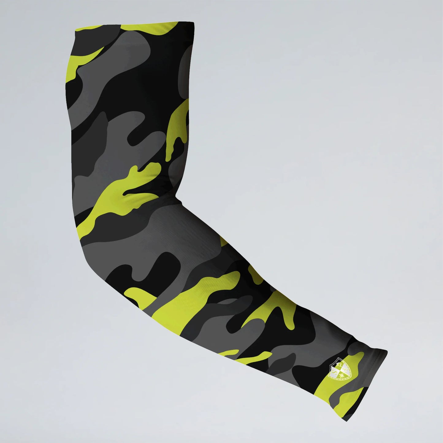 Camouflage-patterned arm sleeve with green and black colors on a light gray background