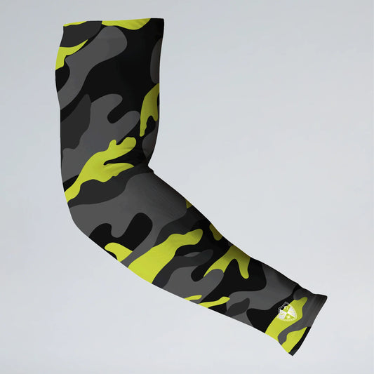 Camouflage-patterned arm sleeve with green and black colors on a light gray background