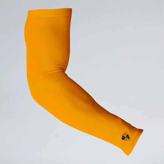 Yellow arm sleeve with a brand logo on a light gray background