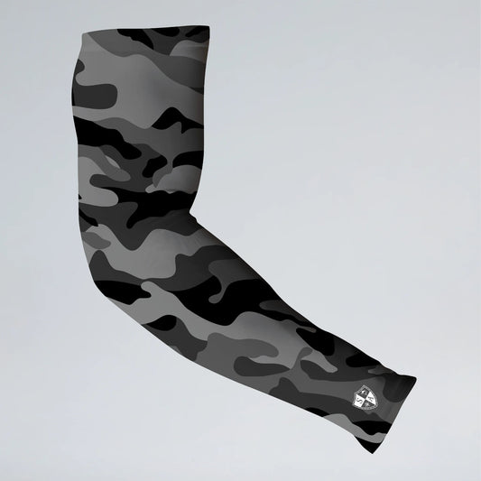 Black and gray camouflage arm sleeve on a light gray background